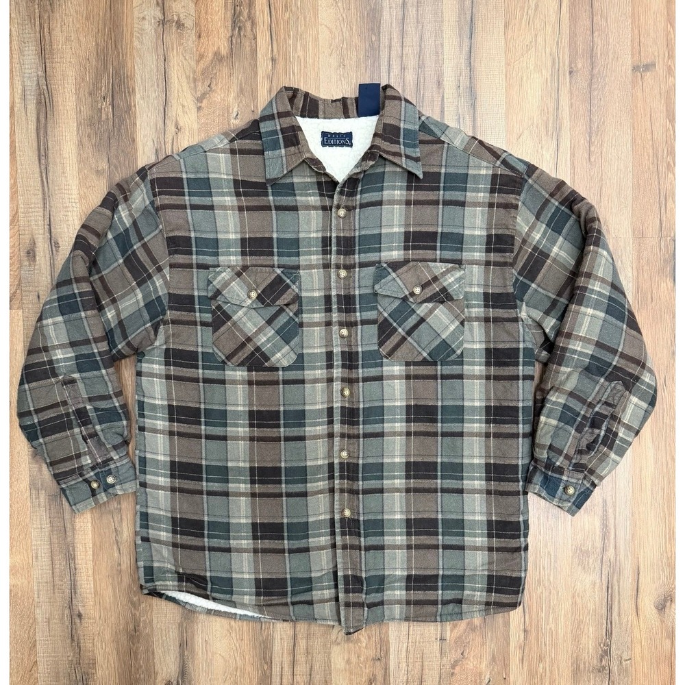 Basic Editions Sherpa Lined Plaid Flannel Shirt Jacket Brown Green Size L‎